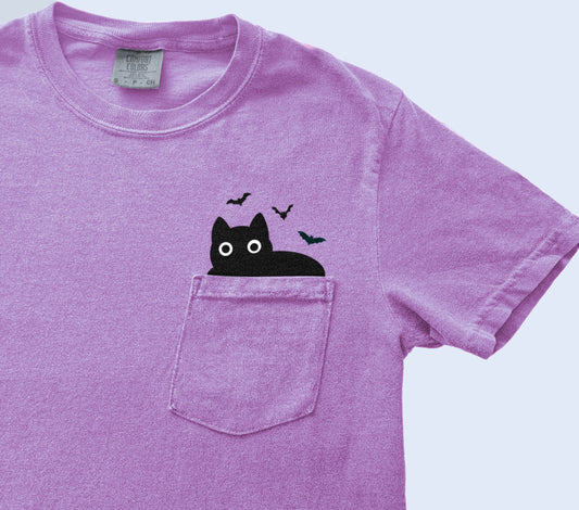 Black Cat and Bats Witchy Pocket Halloween Shirt