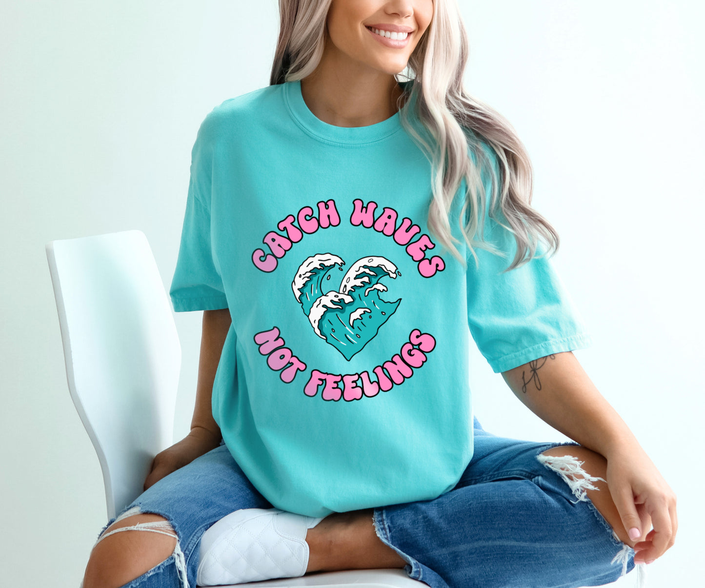 Catch Waves Not Feelings Surfing Shirt, Women's Surfing Shirt With Ocean Heart Waves