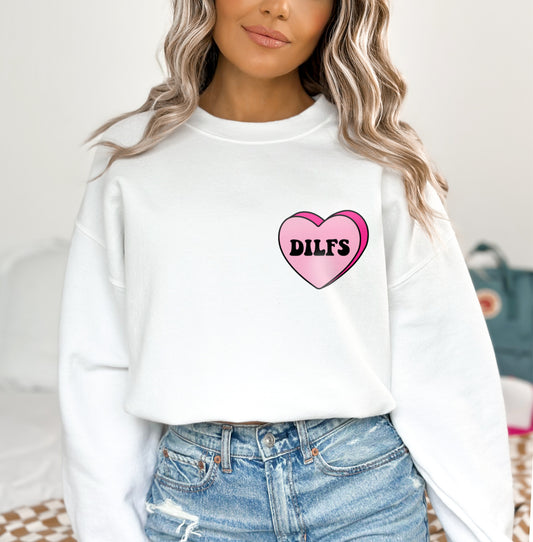 I Love Dilfs Candy Heart Valentine's Day Sweatshirt, Funny Candy Heart Love Hot Dads Valentine's Day Sweater