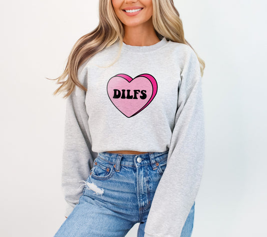 Dilfs Candy Heart Valentine's Day Sweatshirt, Funny Candy I Love Hot Dads and Dilfs Valentine's Day Sweater