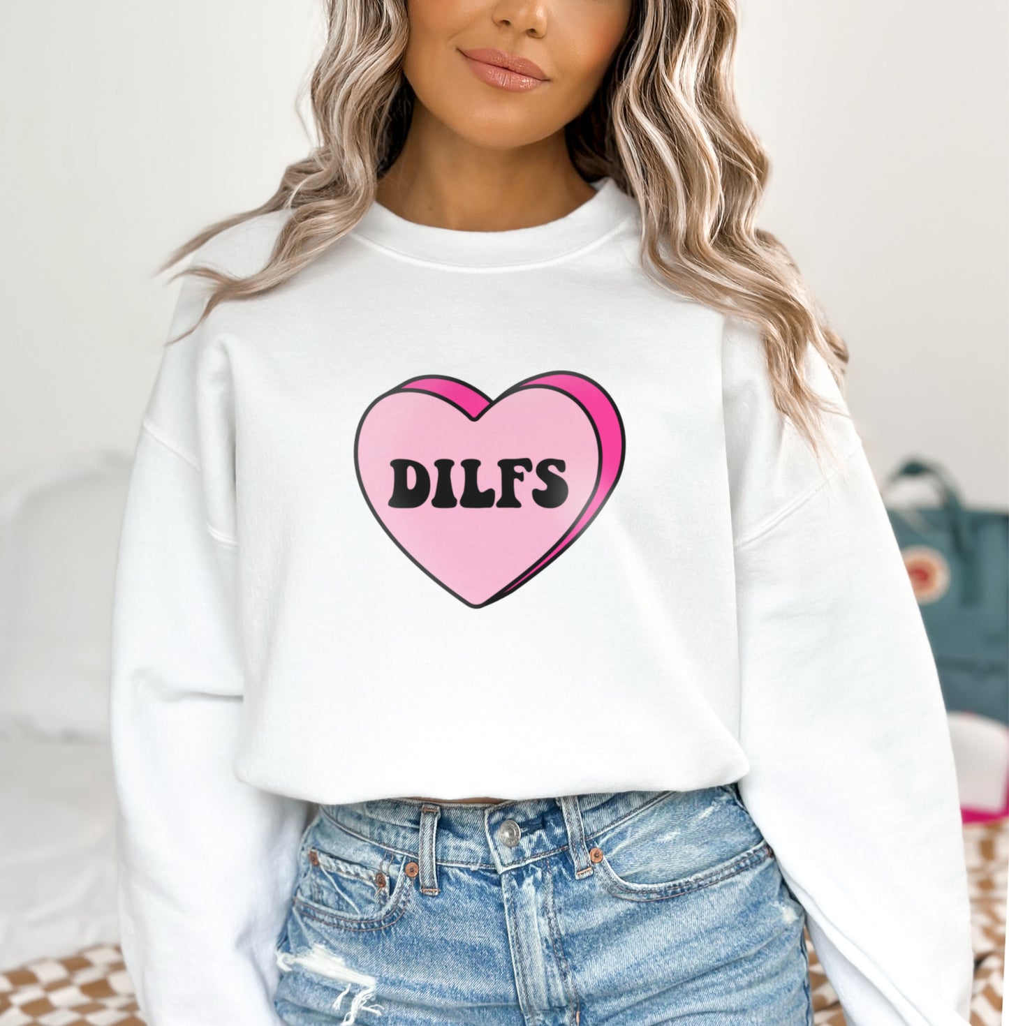 Dilfs Candy Heart Valentine's Day Sweatshirt, Funny Candy I Love Hot Dads and Dilfs Valentine's Day Sweater