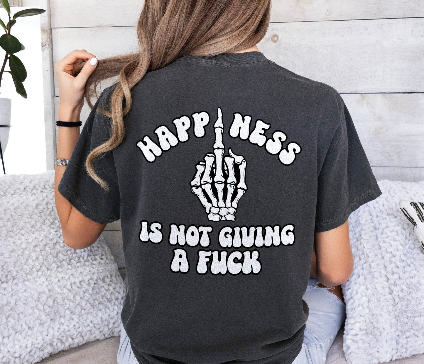 Happiness Is Not Giving a Fuck IDGAF Skeleton Middle Finger Shirt