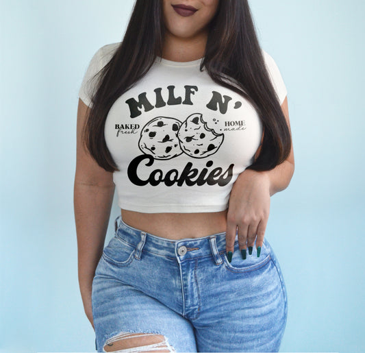 Milf N' Cookies Funny Mom Crop Top Baby Tee Shirt