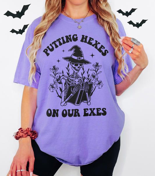 Putting Hexes on Our Exes Funny Witch Skeleton Halloween Shirt