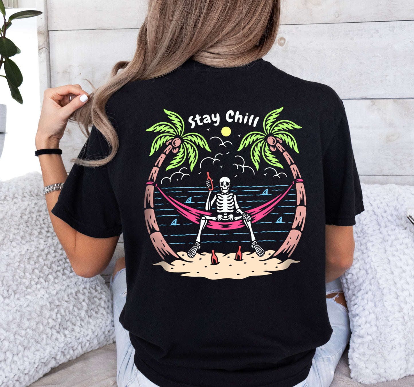 Stay Chill Skeleton Drinking on the Beach Shirt