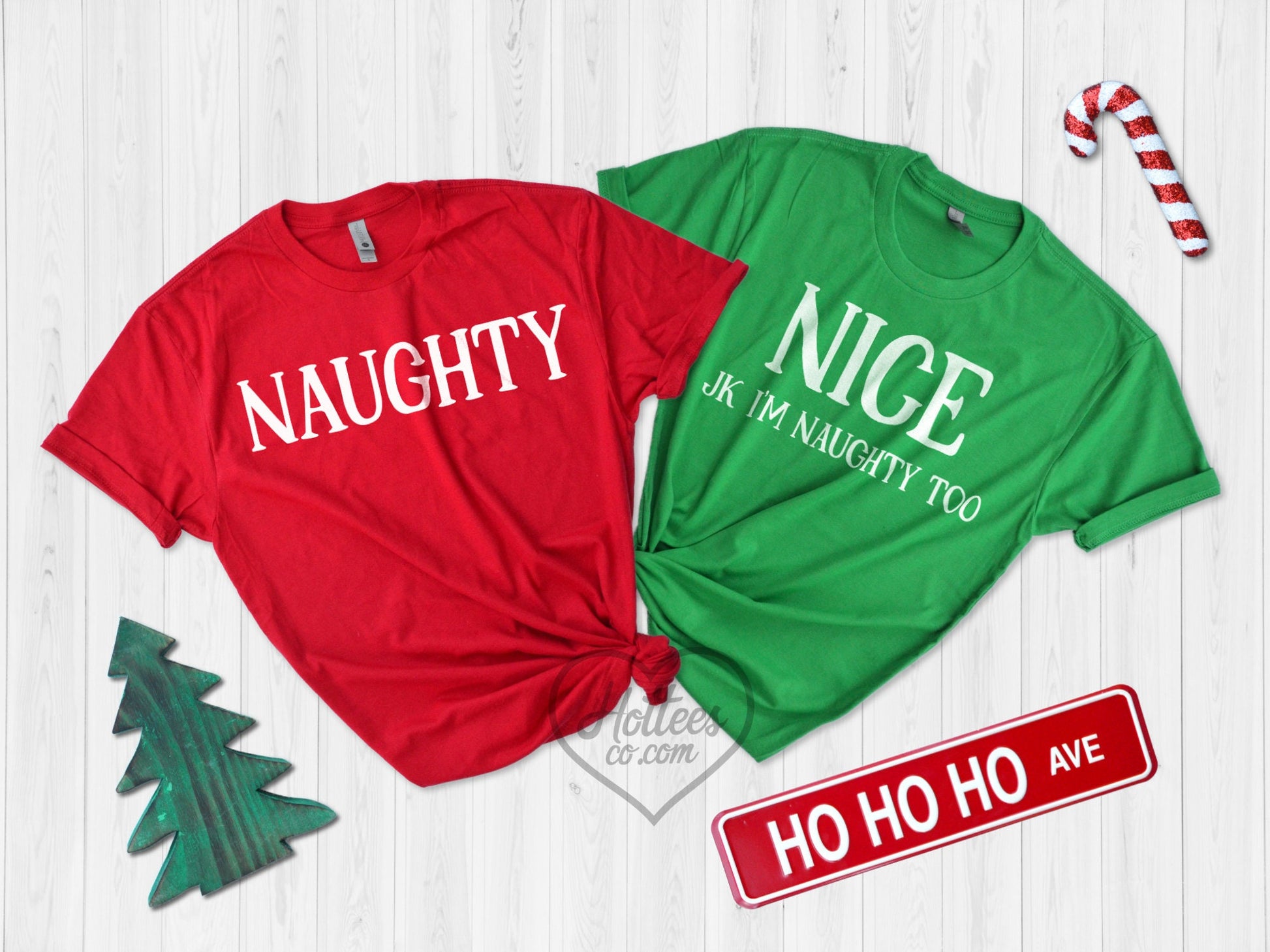 naughty and nice matching Christmas shirts