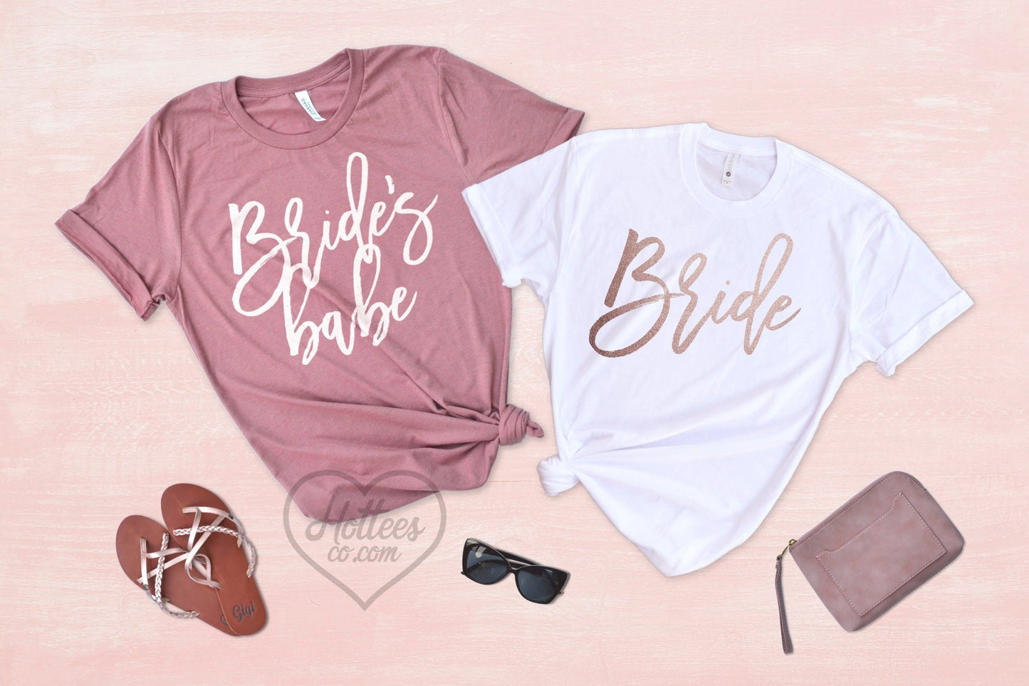 Rose Gold Bride and Bride's Babe Bridesmaids Bachelorette Party Shirts